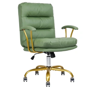 KLASIKA Leather Executive Chair, Mid-Back Home Office Desk Chair with Gold Wheels & Removable Armrests, Rolling Swivel Computer Task Chair for Girls Women Vanity Make Up Bedroom Living Room, Green KLASIKA Leather Executive Chair, Mid-Back Home Office Desk Chair with Gold Wheels & Removable Armrests, Rolling Swivel Computer Task Chair for Girls Women Vanity Make Up Bedroom Living Room, Green