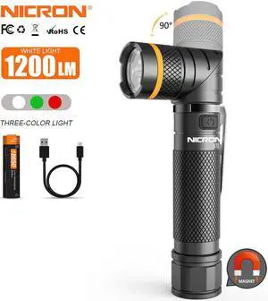 NICRON Magnet 90 Degree Rechargeable LED Flashlight Handfree Ultra High Brightness 1200LM With Three Light Color(White,Red,Green),Waterproof Rotatable head LED Torch For Household Outdoor Use B70