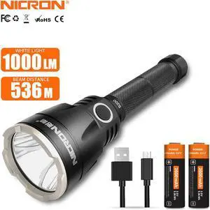 NICRON LED Flashlight B200 Ultra Bright Tactical Re chargeable Flashlight 1000LM Super Far Distance 536m 2x 18 650 LED Lighting Torch Waterproof IP68 For Search Rescue B200