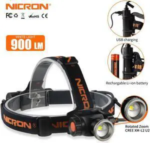 NICRON Rechargeable Headlamp H30F 9W Super High Brightness Focus LED Zoomable rechargeable 18 650 Flashlight Light Portable Waterproof IPX8 900LM Headlamp USB Torch Lantern H30F