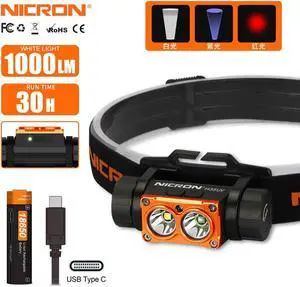 NICRON Rechargeable Flashlight 1000LM/395nm Brightness White/UV Dual Light Source Headlight with Red Light Portable Waterproof Headlamp 18 650 Rechargeable Headlamp H35UV (include battery)