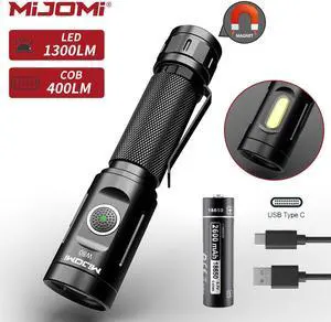 MIJOMI Rechargeable COB Torch LED 1300 Lumen Work Light with Magnet and Clip, Waterproof, 240 Hours Lighting Duration, 6 Light Modes, Suitable for Household, Car Repair, Construction W80