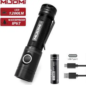 Mijomi LED Flashlight E8 1200lumens Brightness 18 650 Type-C Rechargeable,IP67 Waterproof,170m Beam Distance Tactical Flashlight for Household Outdoor Hiking Climbing Camping E8
