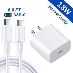 USB C Power Adapter 18W PD Quick Wall Charger with 6.6 Ft USB-C to C Cable for iPad Pro 11" / 12.9" New Google Pixle 3 3LX Samsung Galaxy S10 S9 S8 White