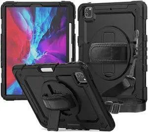 iPad Pro 12.9 Case 2020 [Support Apple Pencil Wireless Attaching and Charging] Heavy Duty Shockproof Rugged Protective Cover with Hand / Shoulder Strap for iPad Pro 12.9 inch 2020 4th Generation