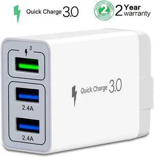 Wall Charger Fast Adapter QC 3.0 + 2 USB Fast Wall Charger 3 Ports Tablet iPad Phone Fast Charger Adapter Quick Charge 3.0 Travel Plug Compatible Samsung, LG, HTC, iPhone More