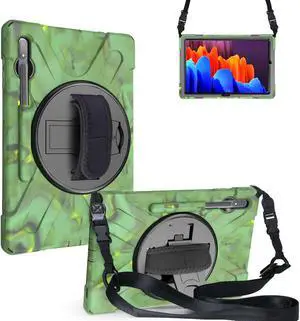Galaxy Tab S8 Plus 2022 / S7 Plus 12.4 inch 2020 Case with S Pen Holder (Model SM-X800/X806/T970/T975), Rugged Heavy Duty Shockproof Case with Hand Strap Rotating Kickstand Protective Cover