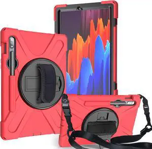 Galaxy Tab S8 Plus 2022 / S7 Plus 12.4 inch 2020 Case with S Pen Holder (Model SM-X800/X806/T970/T975), Rugged Heavy Duty Shockproof Case with Hand Strap Rotating Kickstand Protective Cover