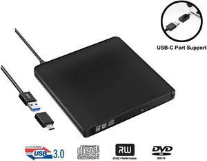 External CD DVD Drive USB 3.0 Type-C Slim Aluminum Portable DVD/CD ROM +/-RW Optical Drive Burner Writer for MacBook Pro/ Air, iMac, Windows/ Linux/ Mac Laptop Desktop, Silver