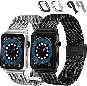 2 Pack Bands Compatible with Apple Watch Band 38mm 40mm iWatch Bands 42mm 44mm with Case Women Men,Stainless Steel Mesh Sport Replacement Strap with Protective Case for iWatch Series 6/5/4/3/2/1,SE