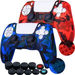 Studded Printing Silicone Cover Skin Case for Sony PS5 Dualsense Controller x 2(Camouflage Red+Blue) with Pro Thumb Grips x 10