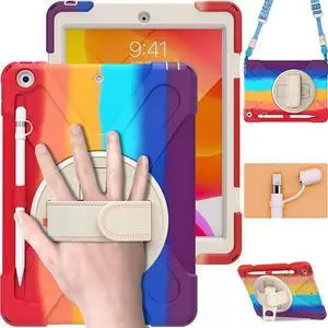 iPad Case 7th 8th Generation 10.2 Inch Heavy Duty Kids Case with Pencil Holder Screen Protector Pencil Cap Holder Hand Strap Carrying Strap Kickstand for iPad 8 7 10.2 2020 2019