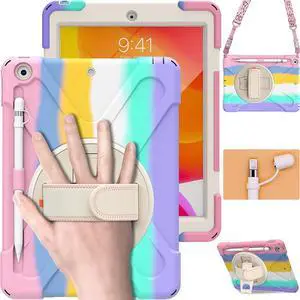 iPad Case 7th 8th Generation 10.2 Inch Heavy Duty Kids Case with Pencil Holder Screen Protector Pencil Cap Holder Hand Strap Carrying Strap Kickstand for iPad 8 7 10.2 2020 2019