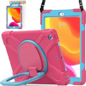 iPad 8th 7th Generation Case, iPad 10.2 inch Case 2020 2019, Heavy Duty Rugged Kids Cover with Rotating Stand/Pencil Holder/Carrying Strap