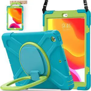 iPad 8th 7th Generation Case, iPad 10.2 inch Case 2020 2019, Heavy Duty Rugged Kids Cover with Rotating Stand/Pencil Holder/Carrying Strap