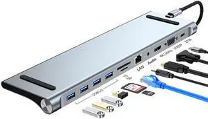 11 in 1 USB Type C Hub with 4K HDMI Ports, RJ45 Ethernet, 4 USB 3.0 Ports, SD/TF Cards Reader, PD USB-C Charging Port, Audio/Mic, for PC MacBooks Pro Air, Nintendo Switch and Other USB C Devices