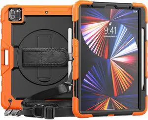 iPad Pro 12.9 inch Case 2021 with Pencil Holder, Shockproof Cover with Built-in Screen Protector, Hand Strap, Shoulder Strap, Kickstand for iPad Pro 12.9 5th Gen 2021 / 4th Gen 2020 / 3rd Gen 2018