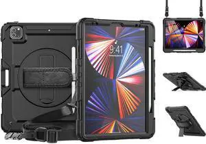 iPad Pro 12.9 inch Case 2021 with Pencil Holder, Shockproof Cover with Built-in Screen Protector, Hand Strap, Shoulder Strap, Kickstand for iPad Pro 12.9 5th Gen 2021 / 4th Gen 2020 / 3rd Gen 2018