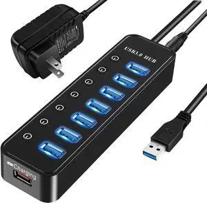 Powered USB 3.0 Hub, 7-Port Data USB Hub with Power Adapter and One Smart Charging Port, USB Splitter with Individual On / Off Switches for MacBook, Mac Pro/Mini, iMac, Surface Pro Laptop/PC
