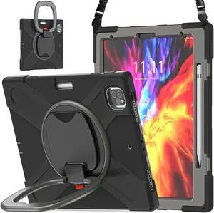 Case for iPad Pro 12.9 2020 4th Generation and iPad Pro 12.9 Inch 2018 3rd Generation, Heavy Duty Shockproof Cover with Rotating Stand / Pencil Holder / Carrying Strap