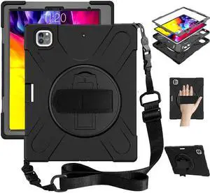 iPad Pro 12.9 Case 2021, Shockproof Rugged Drop Protection Cover with Pencil Holder and Rotating Kickstand Hand Strap / Shoulder Strap For iPad Pro 12.9 inch 2021 5th Generation
