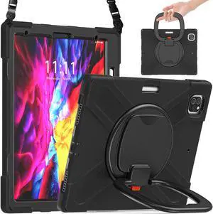 Case for iPad Pro 12.9 2020 4th Generation and iPad Pro 12.9 Inch 2018 3rd Generation, Heavy Duty Shockproof Cover with Rotating Stand / Pencil Holder / Carrying Strap