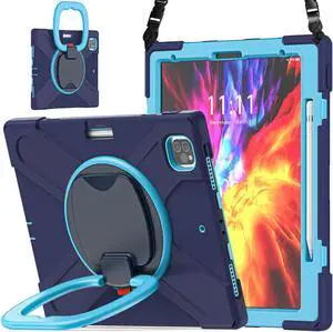 iPad Pro 12.9 Case 2021 5th Generation, Shockproof Rugged Drop Protection Cover with Pencil Holder and Rotating Kickstand Hand Strap / Shoulder Strap For iPad Pro 12.9 inch 2021