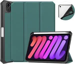 New iPad Mini 6 Case 2021 with Pencil Holder - [Full Body Protection + 2nd Gen Apple Pencil Charging + Auto Wake/Sleep], Soft TPU Back Cover for 2021 iPad Mini 6th Generation 8.3 inch Dark Green