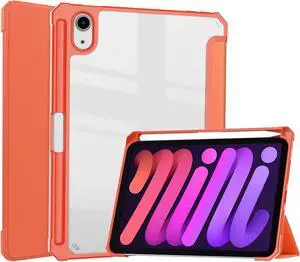 Slim Case for iPad Mini 6 2021 8.3 inch with Pencil Holder Shockproof Cover Clear Transparent Back Shell, Auto Wake/Sleep for iPad 6th Generation 8.3 Inch Orange