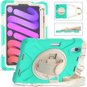 iPad Mini 6 2021 Case (6th Generation) with Pencil Holder / 360 Rotation Stand / Hand Strap and Shoulder Strap Rugged Shockproof Cover for iPad Mini 6th Gen 8.3 Inch
