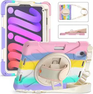 iPad Mini 6 2021 Case (6th Generation) with Pencil Holder / 360 Rotation Stand / Hand Strap and Shoulder Strap Rugged Shockproof Cover for iPad Mini 6th Gen 8.3 Inch