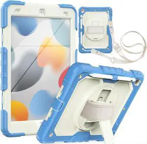 Case for iPad 9th/ 8th/ 7th Generation, Case for iPad 10.2-Inch 2021 / 2020 / 2019 with Screen Protector Pencil Holder Kickstand Hand/Shoulder Strap Protective Tablet Cover