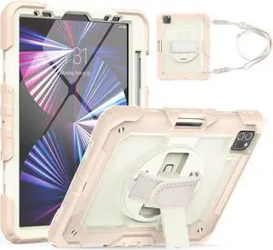 Case for iPad Pro 11 2021 2020 2018 / iPad Air 4 / Air 5 10.9 Inch, 360° Rotating Multi-Functional Handle-Kickstand Shockproof Cover with Built-in Screen Protector & Shoulder Strap & Pencil Holder