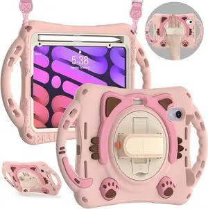 Kids Case for Apple iPad Mini 6 8.3 Inch 2021, Silicone Shockproof Protective Cover with Pencil Holder Handle Grip Hand Strap Kickstand Shoulder Strap for iPad Mini 6th Generation