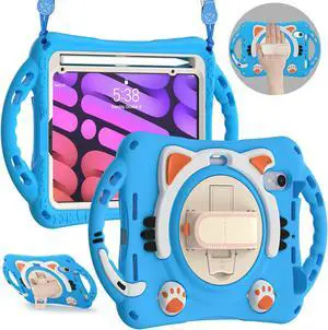 Kids Case for Apple iPad Mini 6 8.3 Inch 2021, Silicone Shockproof Protective Cover with Pencil Holder Handle Grip Hand Strap Kickstand Shoulder Strap for iPad Mini 6th Generation