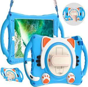 Kids Case for iPad 9.7 2018 / 2017 / Air 1 / Air 2 / Pro 9.7 , Silicone Shockproof Protective Cover with Pencil Holder, Handle Grip, Hand Strap, Kickstand, Shoulder Strap