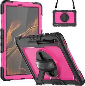 Case for Samsung Galaxy Tab S8 Plus / S8+ 12.4'' (2022) / S7 FE 5G (2021) / S7 Plus (2020) 12.4 inch Heavy Duty Cover With Screen Protector & 360 Degree Swivel Kickstand & Hand Shoulder Strap