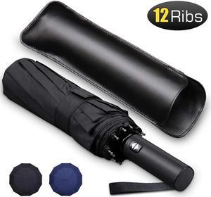 WERLEO 12 Ribs Windproof Travel Umbrella with Teflon Canopy Lengthened Handle with Auto Open Close Button Compact Protection from Rain, Free Upscale Leather Cover