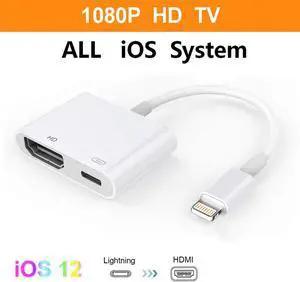 Lighting to HDMI Adapter,Lighting Digital AV Adapter with Lighting Charging Port for HD TV Monitor Projector 1080P for Phone, Pad and Pod(Support iOS 11, iOS 12)-White