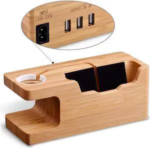 USB Charging Stand Werleo Phone Stand with 3 USB Port Bamboo Wood Charging Dock Station for 38mm and 42mm Apple Watch & Apple iPhone X 8 8 Plus 6s 6 Plus 5S 5 7 7 Plus and Other Smartphone