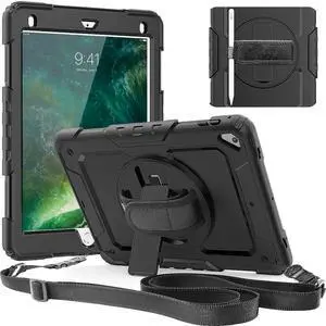 IPad 5th/6th Generation Case,Shockproof, Drop proof, 360 Degree Rotation Kickstand, Hand Strap,Shoulder Strip to Hang in Car Seat.Built-in Screen Protector for New iPad 9.7 2018/2017 Case