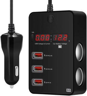 2-Socket Cigarette Lighter 120W 12V 24V Power Adapter DC Outlet Splitter 3 Port USB Car Charger for Cell Phones Dash Cam GPS and More with Current Voltage Monitoring Voltmeter Display ON Off Switch