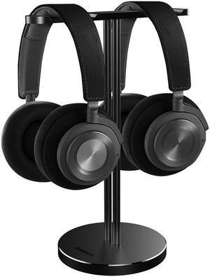 Double Headphones Stand, Aluminum Alloy Desk 3 Headset Holder Supporting Desktop Earphone Hanger Mount Storage Rack with Heavy Base for Home and Office Display Spacegrey