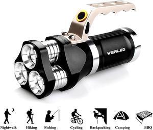 2800 Lumen Rechargeable Handheld Flashlight LED Searchlight Bright Outdoor Tactical Spotlight IP65 Waterproof CREE T6 Dimmable LED Torch Floodlight Lamp For Camping Lantern Hiking Hunting Black