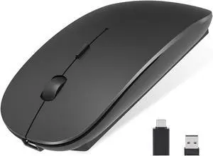Rechargeable Wireless Mouse, 2.4Ghz Silent Computer Office Portable Slim Optical Mouse with USB Receiver Type-C, 3-Level Adjustable DPI for Laptop, Computer, MacBook, Notebook, PC (Black)