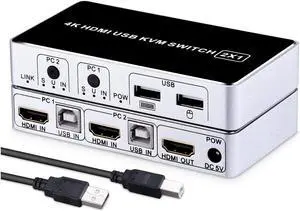 HDMI KVM Switch Werleo 4K 2 Port KVM Switch Keyboard Mouse Switcher Include 2 USB Type-B Cable Support 4k@30HZ 3D for Laptop PS4 Xbox one HDTV Monitor