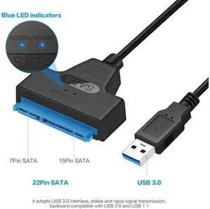 Super Speed USB 3.0 to SATA 22 Pin 15+7 Pin 2.5" Hard Disk Driver SSD SATA III Adapter Data Power Cable with Blue LED Indicators