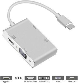 USB C to HDMI/DVI/VGA/USB 3.0 Adapter,USB 3.1 Type-C Hub to HDMI DVI 4K VGA USB Adaptor Converter (Thunderbolt 3 Compatible),4in1USB C Hub Adapter for 2016/2017/2018 MacBook/MacBook Pro and More