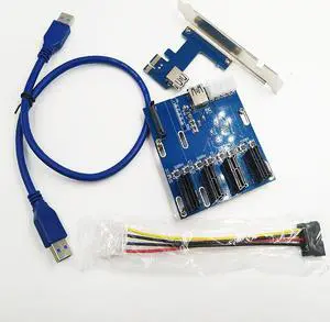 PCI-E to PCIe Riser Card Adapter 4-port PCI-Express 1X Slot Expansion Card with SATA 15pin & 4pin Power Supply + USB 3.0 Cable
