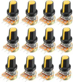 12Pcs 100K Ohm Variable Resistors Single Turn Rotary Carbon Film Taper Potentiometer with Knobs